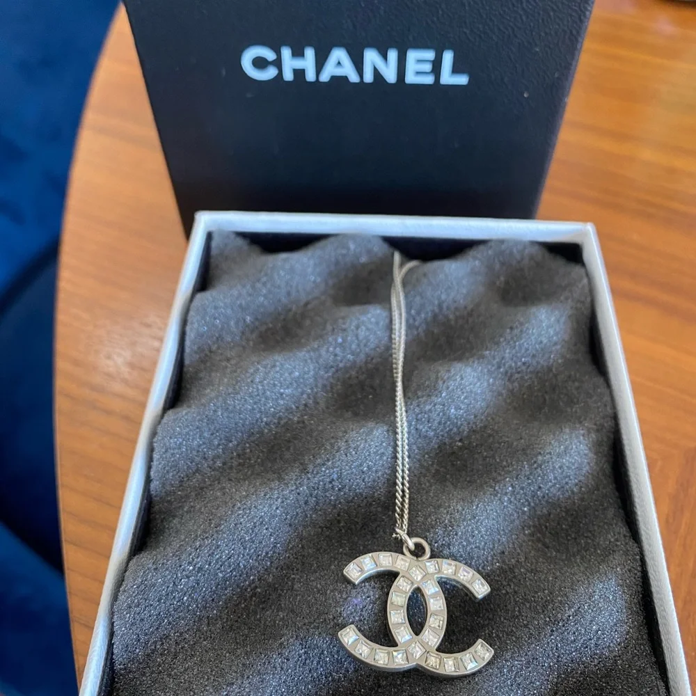 Authentic Chanel Silver with crystals CC necklace